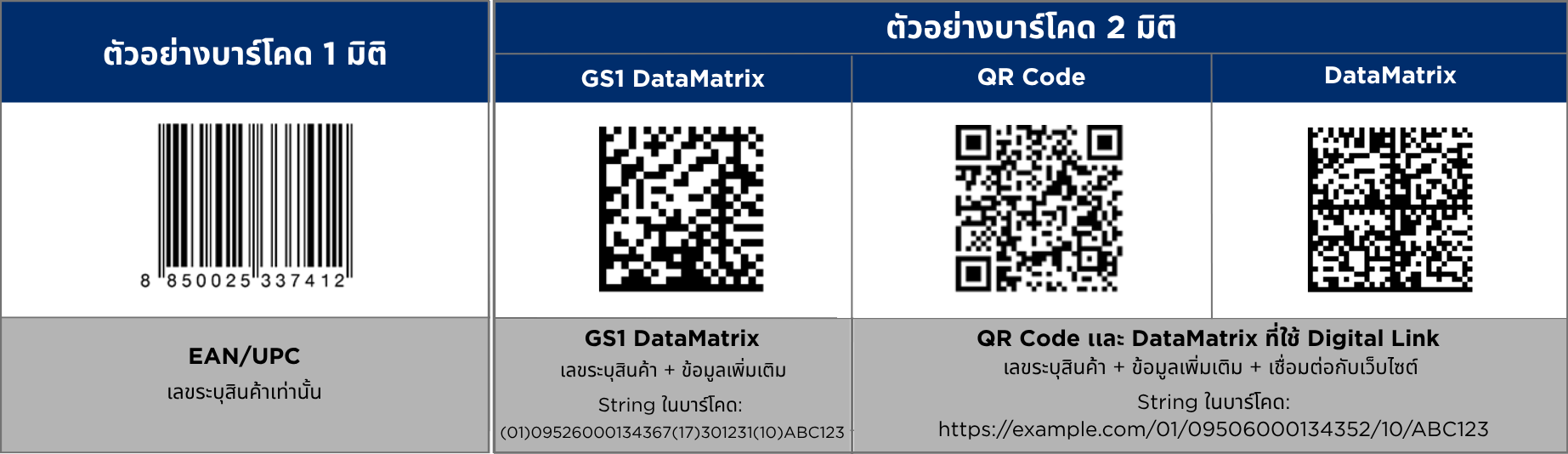 เปรียบเทียบตัวอย่างบาร์โค้ด 1 มิติ (EAN/UPC) กับบาร์โค้ด 2 มิติ — GS1 DataMatrix, QR Code และ Data Matrix กับ GS1 Digital Link